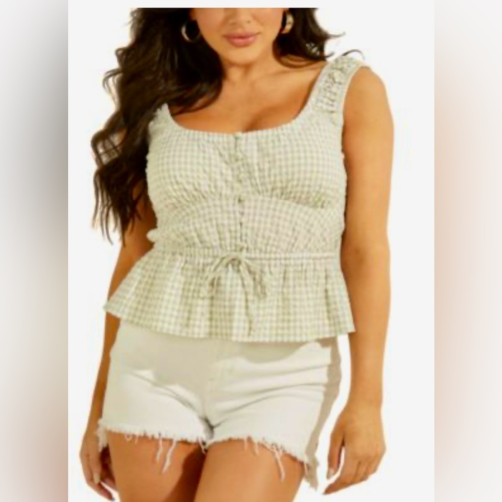 Guess Green Checkered Peplum Blouse
